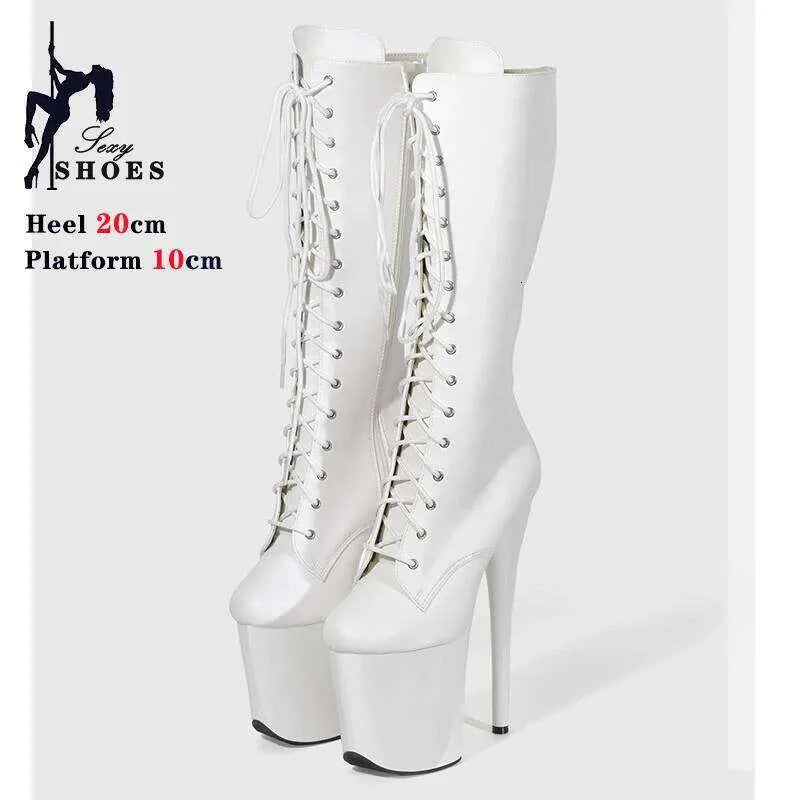 20Cm 8 Inches Platform Knee-High Women Boots Ultra High Heel Pole Dance Queen Exotic Stripper Shoes Lace-Up Ladies Heels