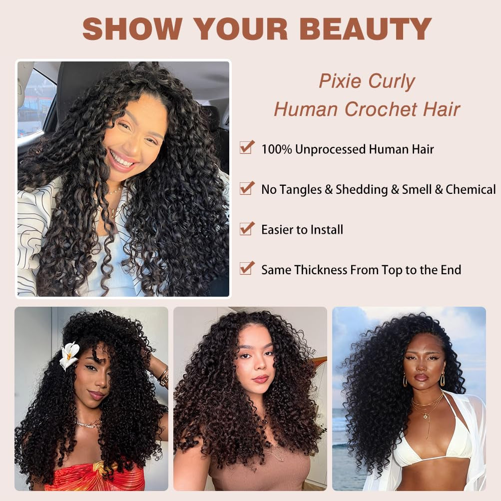 Feather Crochet Human Hair for Black Women Pixie Curly 16 Inch 60G/Pack Miracle Knots Hair 16A Brazilian Raw Human Curly Hair Crochet Pre-Separated Invisible Virgin Human Crochet Hair Natural Color