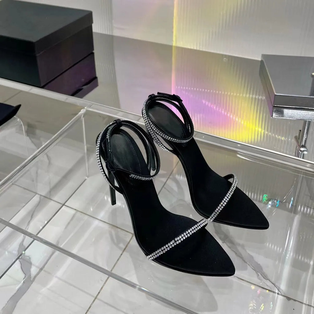 New Sandals Black Leather Sandals Rhinestone-Encrusted Strap Spool Heels Sky-High Heel for 10Cm Women Summer Luxury Designers Shoes Party Heeled Factory Size35-42