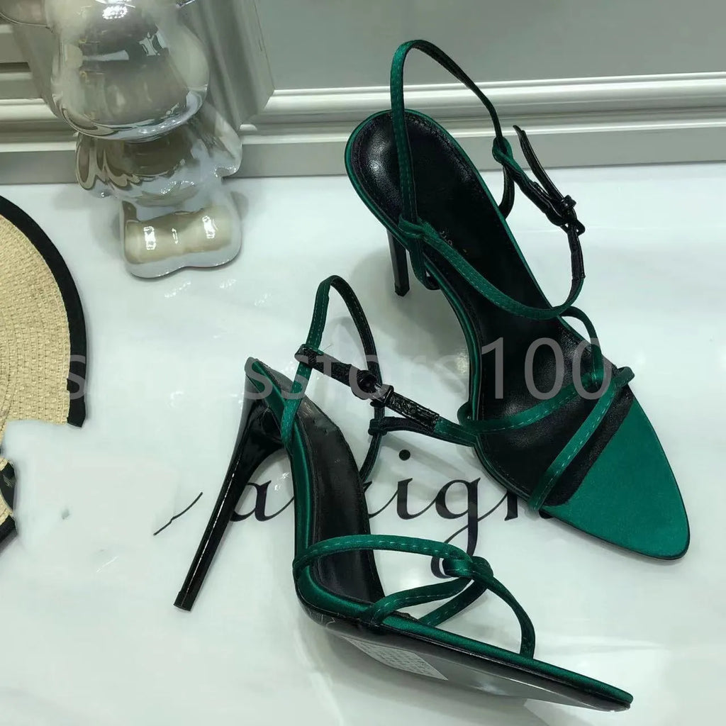 New Sandals Black Leather Sandals Rhinestone-Encrusted Strap Spool Heels Sky-High Heel for 10Cm Women Summer Luxury Designers Shoes Party Heeled Factory Size35-42