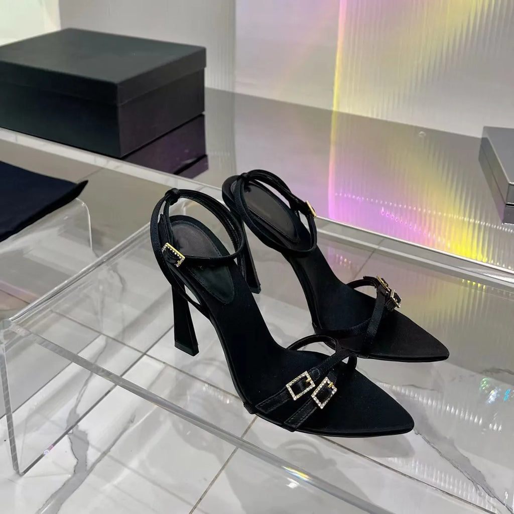 New Sandals Black Leather Sandals Rhinestone-Encrusted Strap Spool Heels Sky-High Heel for 10Cm Women Summer Luxury Designers Shoes Party Heeled Factory Size35-42