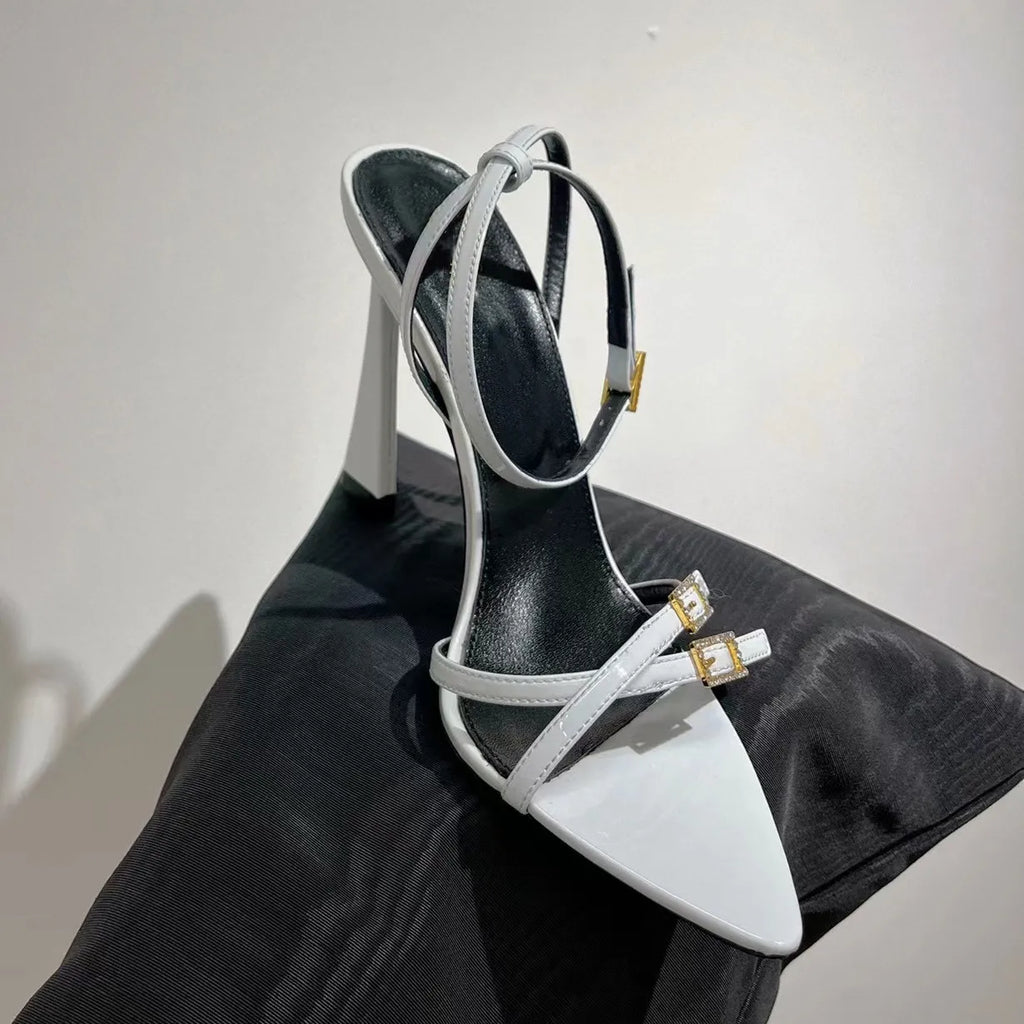 New Sandals Black Leather Sandals Rhinestone-Encrusted Strap Spool Heels Sky-High Heel for 10Cm Women Summer Luxury Designers Shoes Party Heeled Factory Size35-42