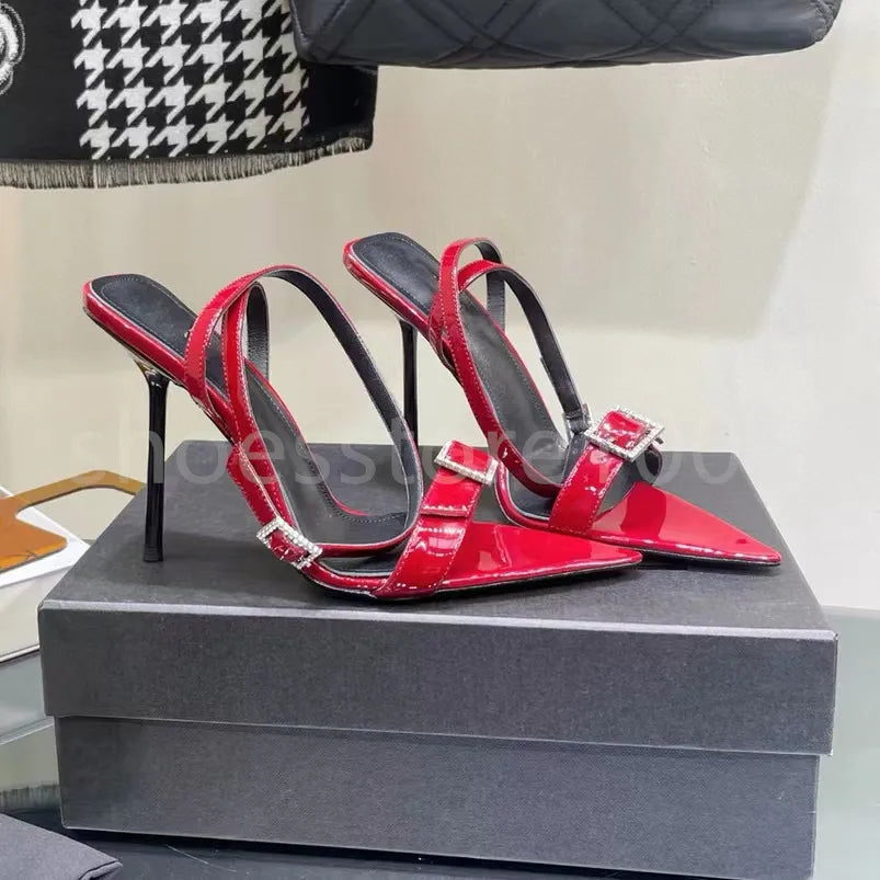 New Sandals Black Leather Sandals Rhinestone-Encrusted Strap Spool Heels Sky-High Heel for 10Cm Women Summer Luxury Designers Shoes Party Heeled Factory Size35-42