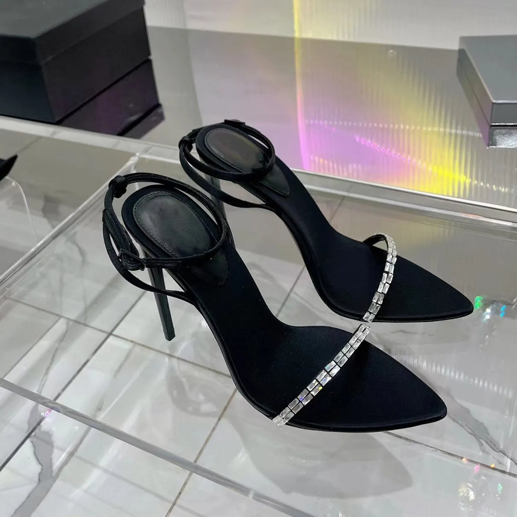 New Sandals Black Leather Sandals Rhinestone-Encrusted Strap Spool Heels Sky-High Heel for 10Cm Women Summer Luxury Designers Shoes Party Heeled Factory Size35-42