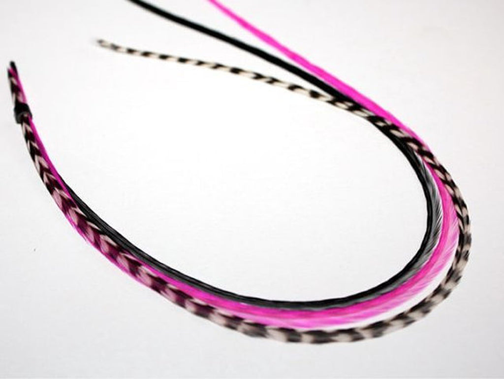 Feather Hair Extension Hot Pink & Black 5 Feathers Bonded Together at the Tip