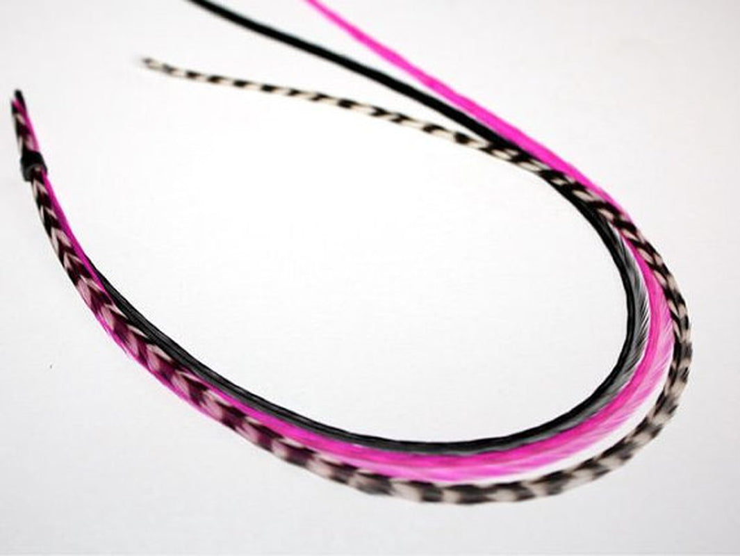 Feather Hair Extension Hot Pink & Black 5 Feathers Bonded Together at the Tip