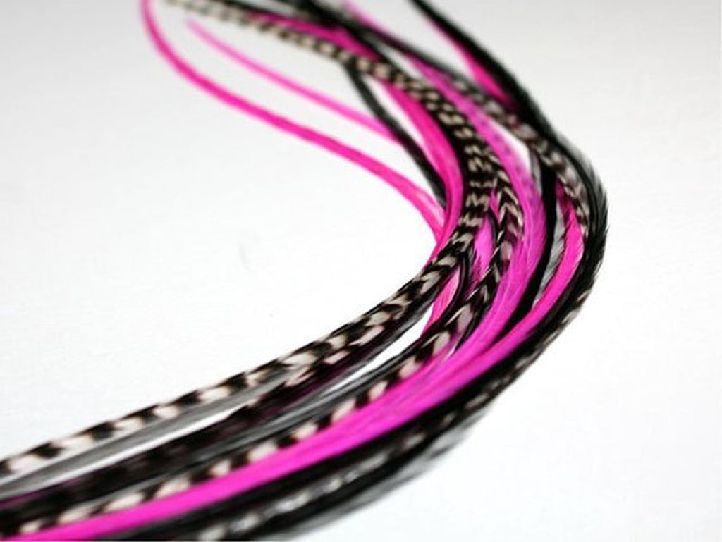 Feather Hair Extension Hot Pink & Black 5 Feathers Bonded Together at the Tip