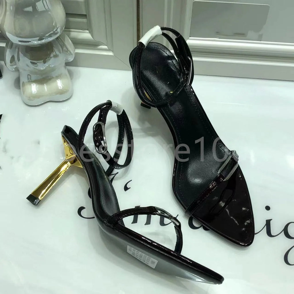 New Sandals Black Leather Sandals Rhinestone-Encrusted Strap Spool Heels Sky-High Heel for 10Cm Women Summer Luxury Designers Shoes Party Heeled Factory Size35-42