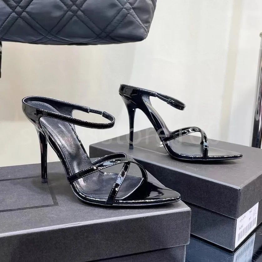 New Sandals Black Leather Sandals Rhinestone-Encrusted Strap Spool Heels Sky-High Heel for 10Cm Women Summer Luxury Designers Shoes Party Heeled Factory Size35-42