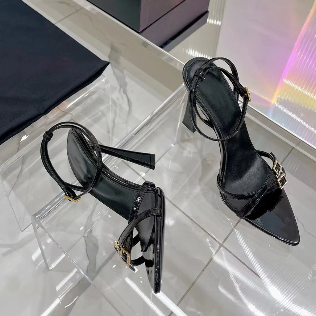 New Sandals Black Leather Sandals Rhinestone-Encrusted Strap Spool Heels Sky-High Heel for 10Cm Women Summer Luxury Designers Shoes Party Heeled Factory Size35-42