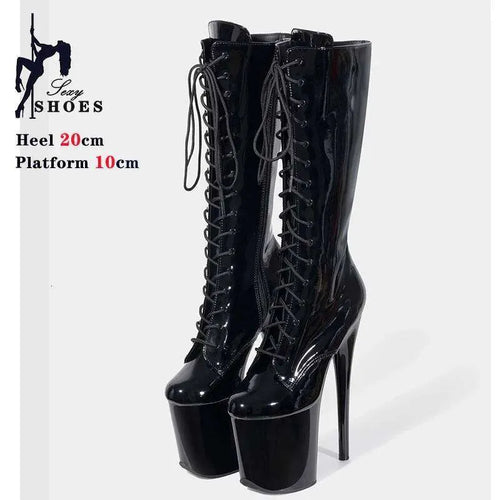 20Cm 8 Inches Platform Knee-High Women Boots Ultra High Heel Pole Dance Queen Exotic Stripper Shoes Lace-Up Ladies Heels