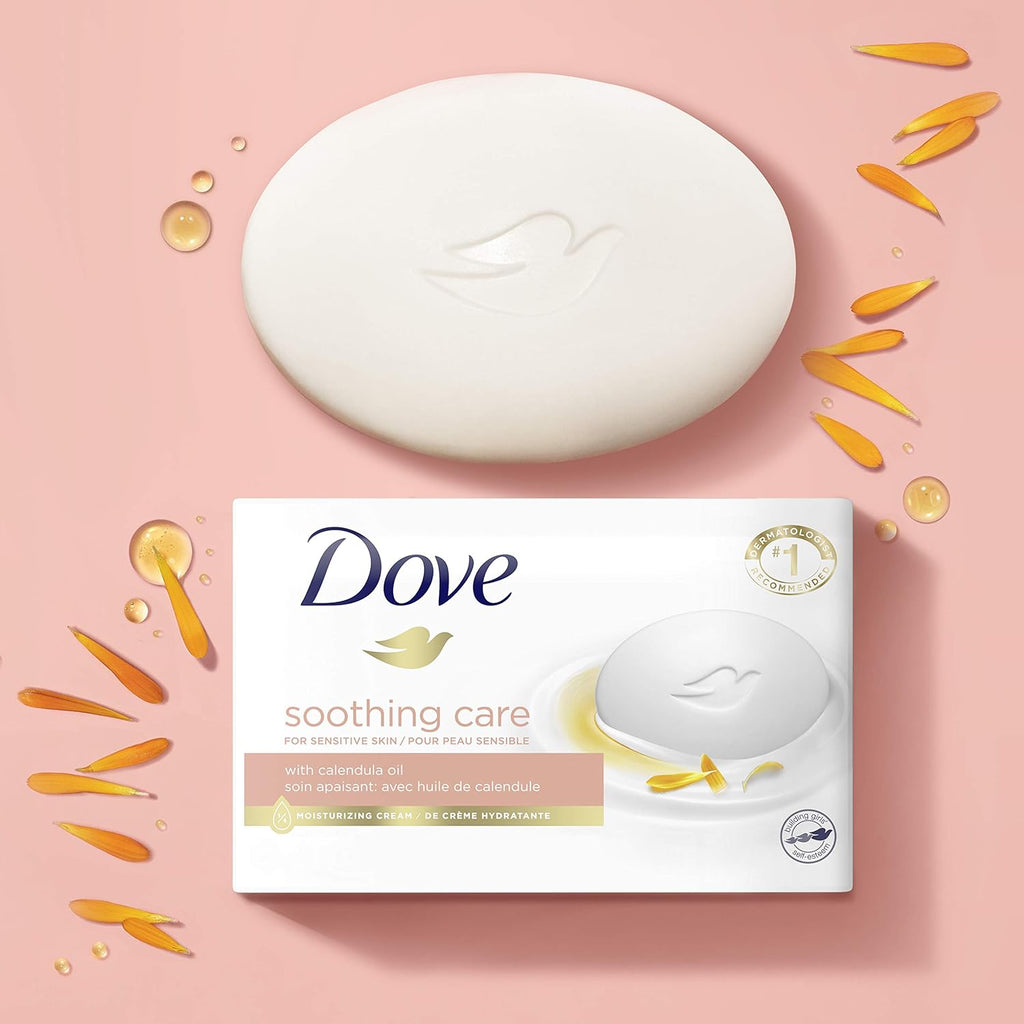 Dove Moisturizing Beauty Bar Soap for Sensitive Skin with Calendula Oil Effectively Washes Away Bacteria, Hydrating and Replenishing Skin Care 3.75 Oz 14 Bars