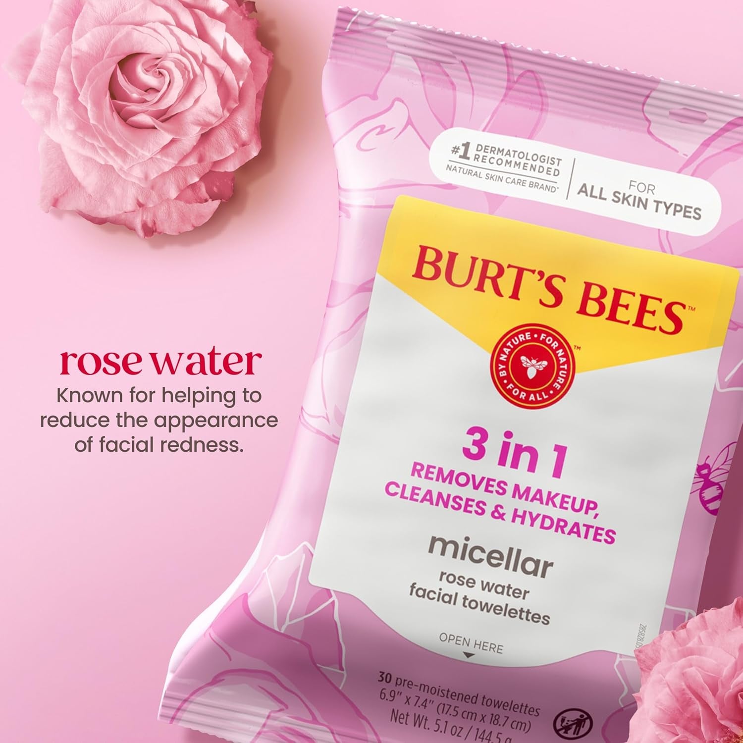 Burts Bees Micellar Rose Water Facial Towelettes, 100% Plant Based Cloth; 99% Natural Origin; Remove Makeup, Cleanse, Hydrate; No Greasy, Oily Residue; All Skin Types; 30 Ct, Pack of 3 (Pack May Vary)