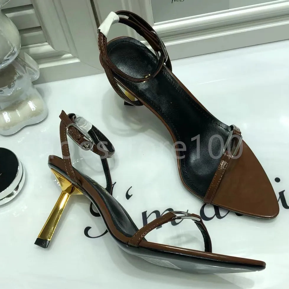 New Sandals Black Leather Sandals Rhinestone-Encrusted Strap Spool Heels Sky-High Heel for 10Cm Women Summer Luxury Designers Shoes Party Heeled Factory Size35-42