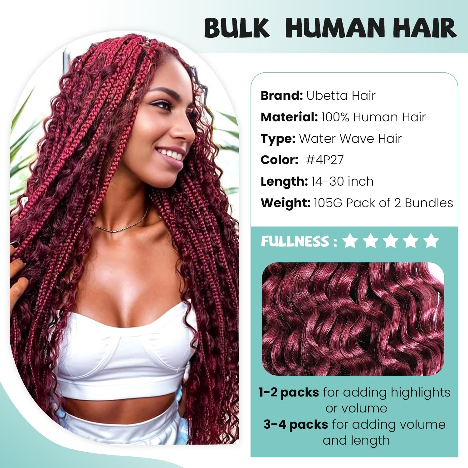 Burgundy Human Braiding Hair Water Wave 2 Bundles/Pack 100G Bulk Human Hair Braiding Hair for Boho Braids,16 Inch 99J Curly Wet and Wavy Bulk Human Hair Braiding Boho for Braiding No Weft
