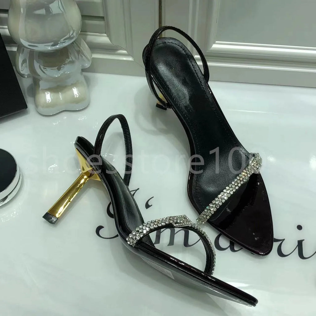 New Sandals Black Leather Sandals Rhinestone-Encrusted Strap Spool Heels Sky-High Heel for 10Cm Women Summer Luxury Designers Shoes Party Heeled Factory Size35-42
