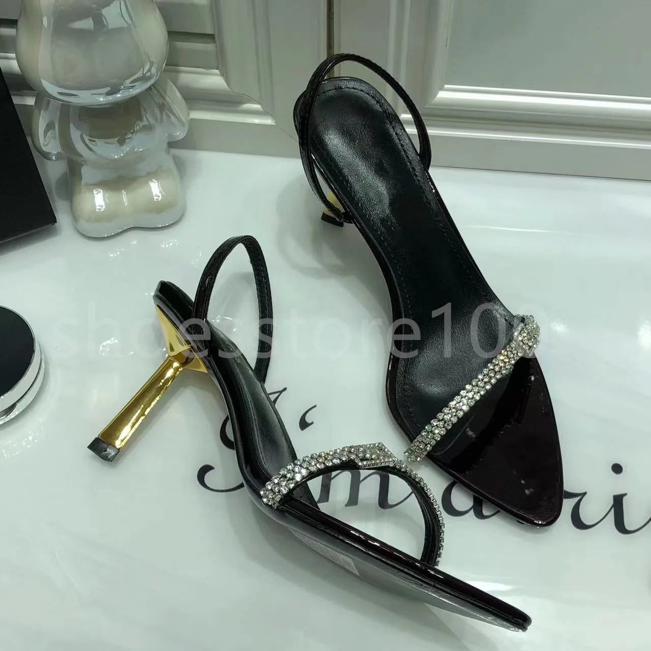 New Sandals Black Leather Sandals Rhinestone-Encrusted Strap Spool Heels Sky-High Heel for 10Cm Women Summer Luxury Designers Shoes Party Heeled Factory Size35-42