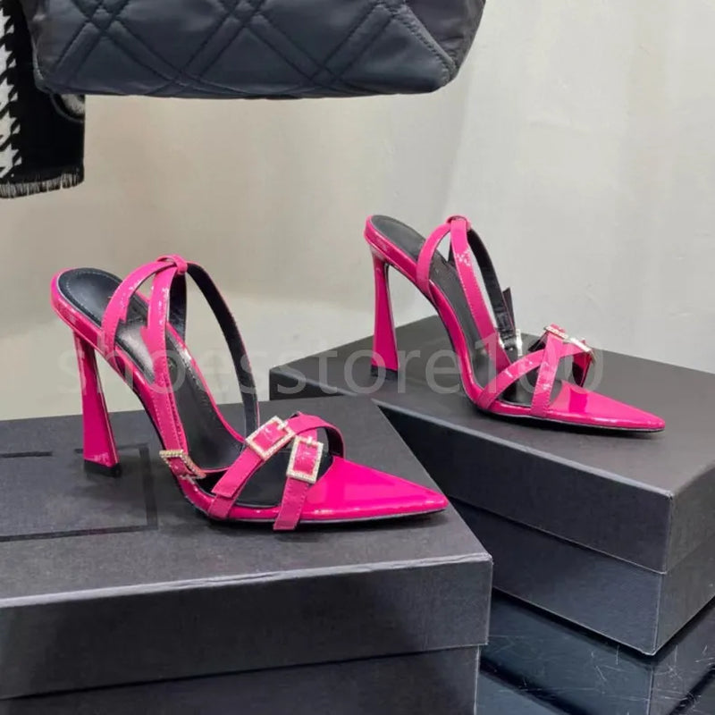 New Sandals Black Leather Sandals Rhinestone-Encrusted Strap Spool Heels Sky-High Heel for 10Cm Women Summer Luxury Designers Shoes Party Heeled Factory Size35-42