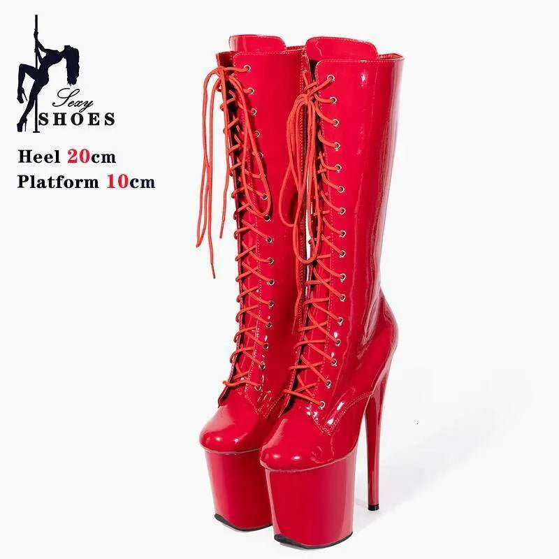 20Cm 8 Inches Platform Knee-High Women Boots Ultra High Heel Pole Dance Queen Exotic Stripper Shoes Lace-Up Ladies Heels