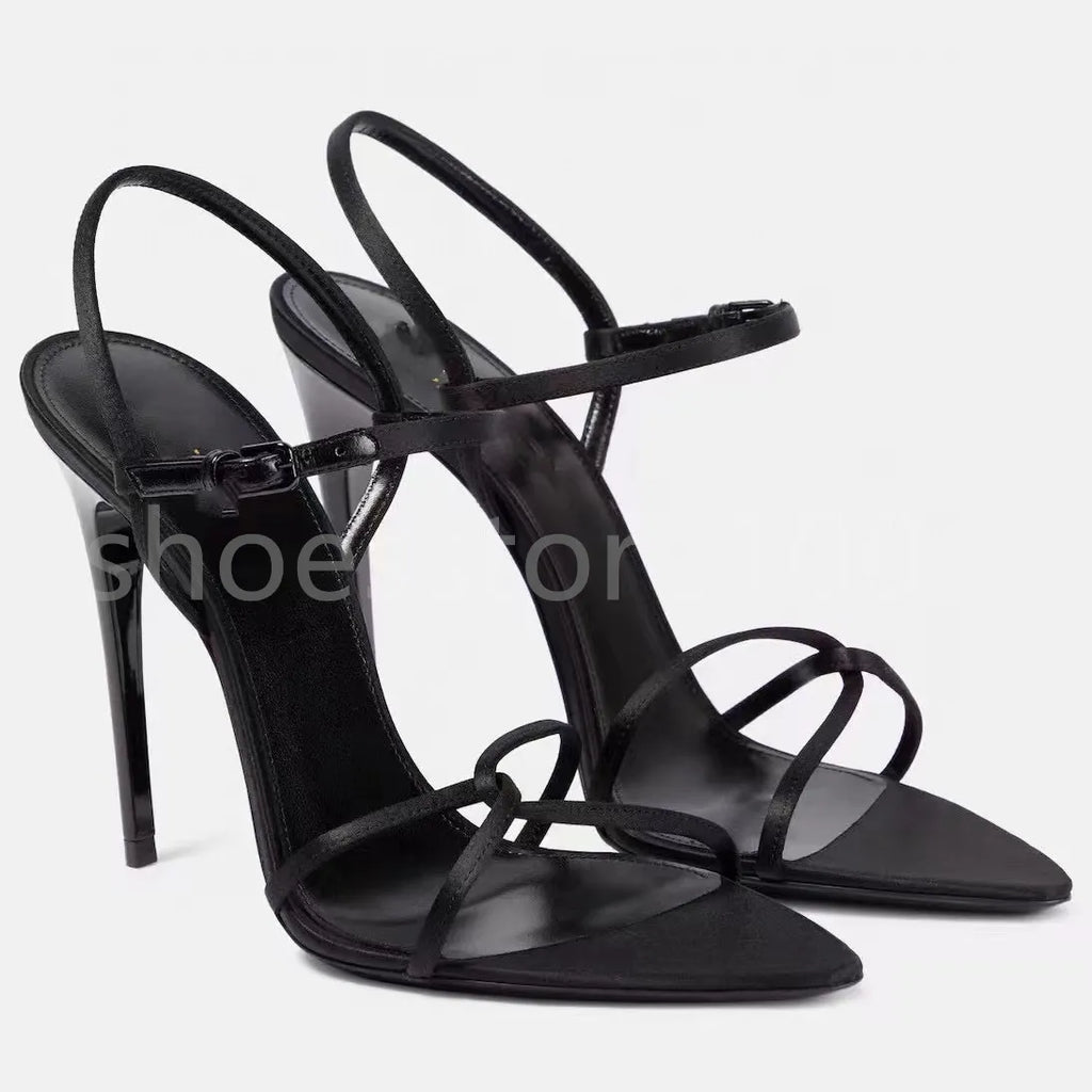 New Sandals Black Leather Sandals Rhinestone-Encrusted Strap Spool Heels Sky-High Heel for 10Cm Women Summer Luxury Designers Shoes Party Heeled Factory Size35-42