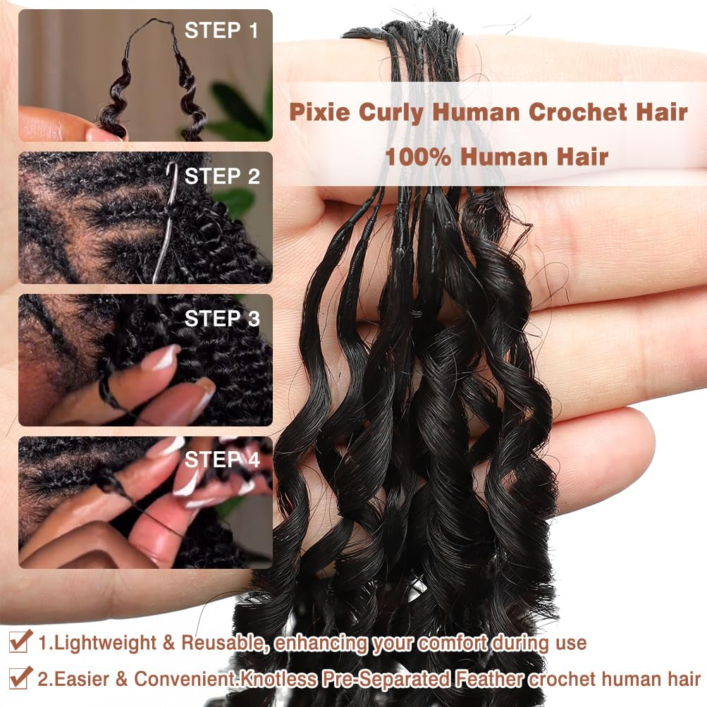 Feather Crochet Human Hair for Black Women Pixie Curly 16 Inch 60G/Pack Miracle Knots Hair 16A Brazilian Raw Human Curly Hair Crochet Pre-Separated Invisible Virgin Human Crochet Hair Natural Color