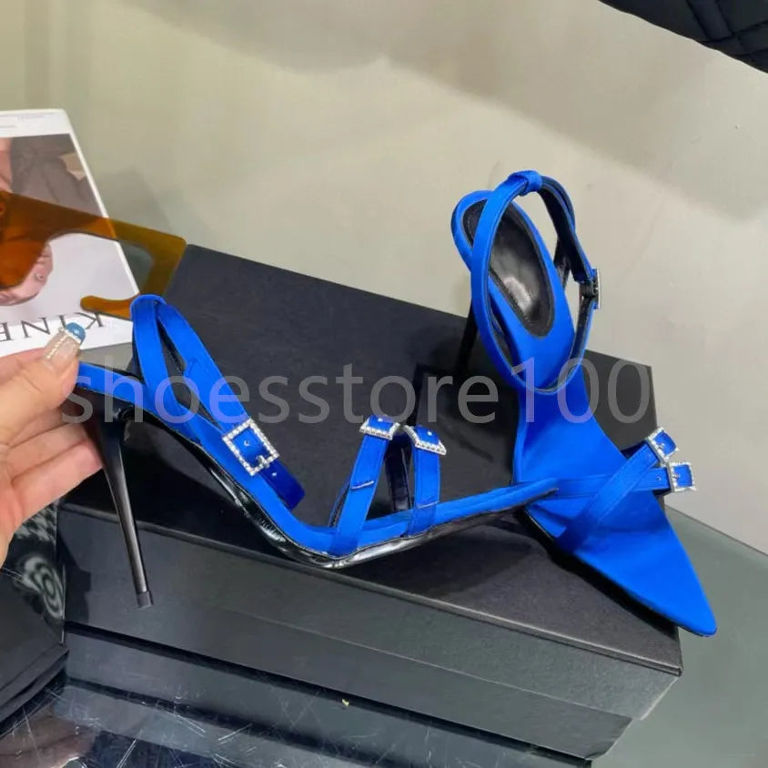 New Sandals Black Leather Sandals Rhinestone-Encrusted Strap Spool Heels Sky-High Heel for 10Cm Women Summer Luxury Designers Shoes Party Heeled Factory Size35-42