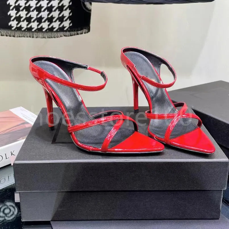 New Sandals Black Leather Sandals Rhinestone-Encrusted Strap Spool Heels Sky-High Heel for 10Cm Women Summer Luxury Designers Shoes Party Heeled Factory Size35-42