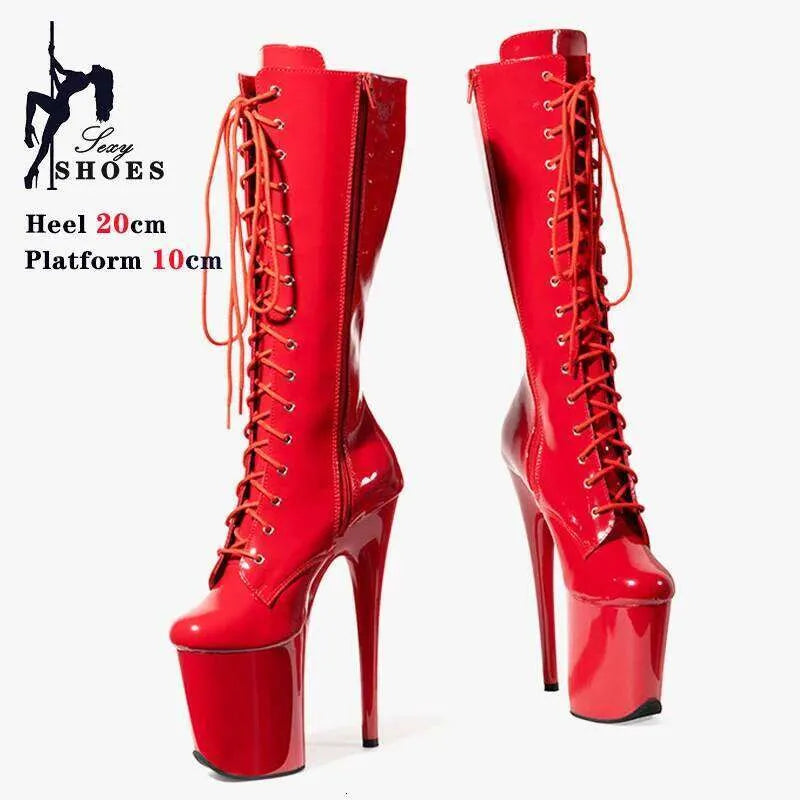 20Cm 8 Inches Platform Knee-High Women Boots Ultra High Heel Pole Dance Queen Exotic Stripper Shoes Lace-Up Ladies Heels