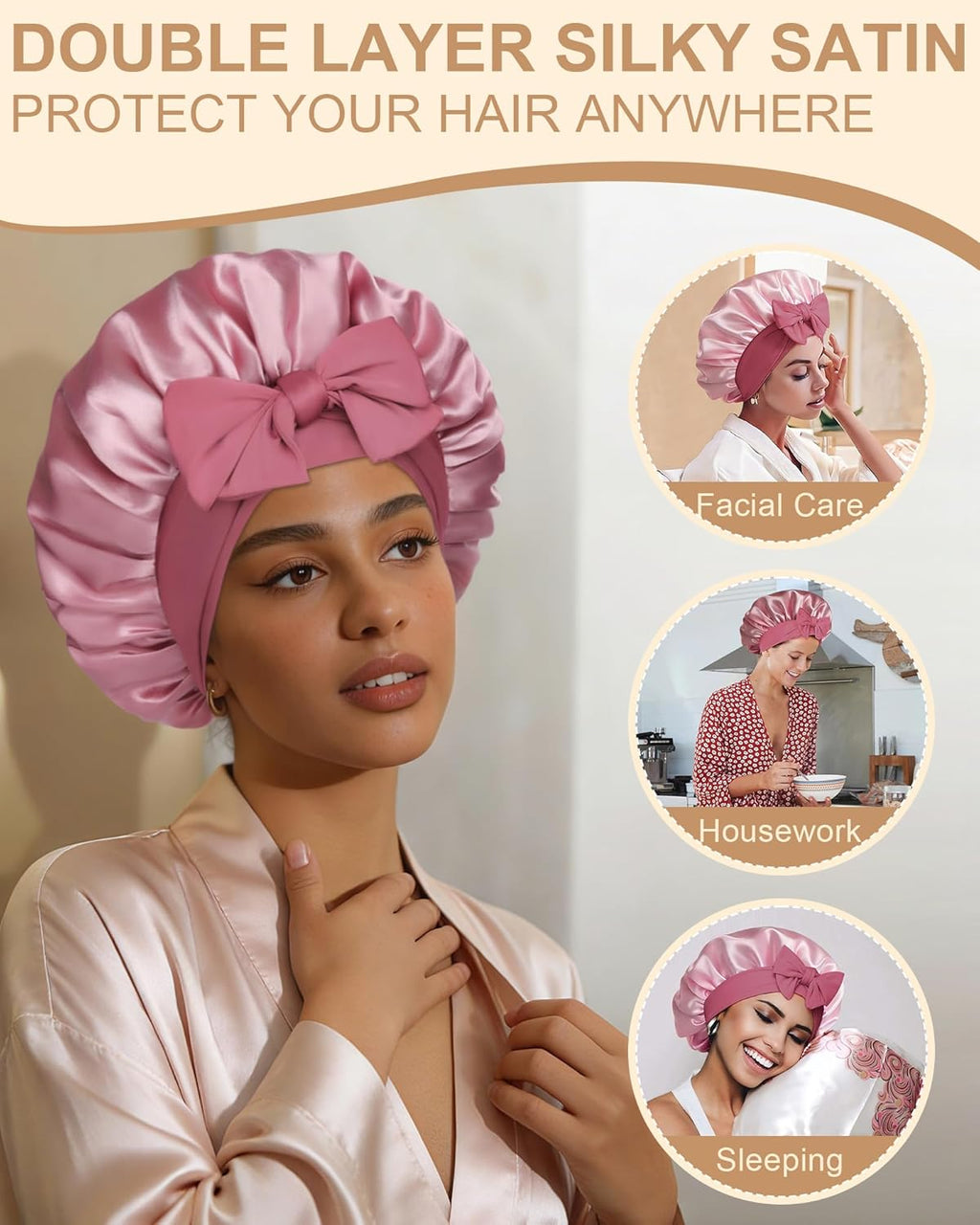 Satin Bonnet for Women Silk Bonnets for Sleeping Curly Hair Bonnet with Elastic Tie Band Reversible Double Layer Sleep Cap Hair Wrap (Bean Paste + Pink)