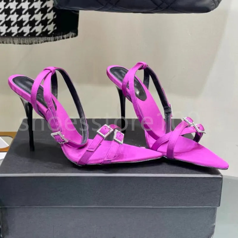 New Sandals Black Leather Sandals Rhinestone-Encrusted Strap Spool Heels Sky-High Heel for 10Cm Women Summer Luxury Designers Shoes Party Heeled Factory Size35-42