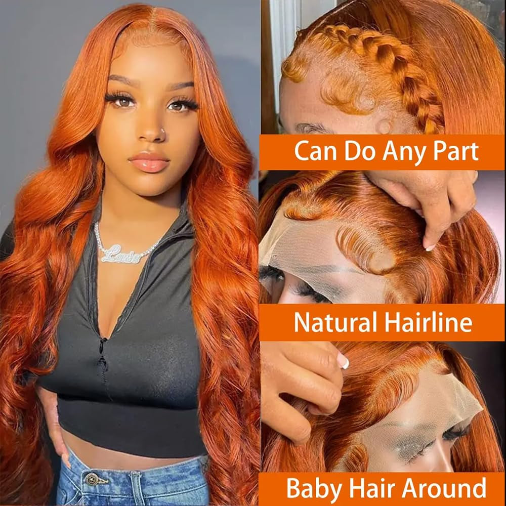 26 Inch Ginger Wig Human Hair Body Wave Ginger Orange 13X6 Lace Front Wigs Human Hair Pre Plucked 180 Density 350# Colored Glueless 13X6 HD Lace Frontal Wig Human Hair for Women